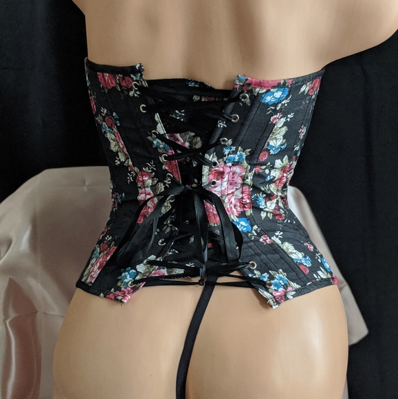 Classy Black floral denim corset and g string - Picture 2 of 4